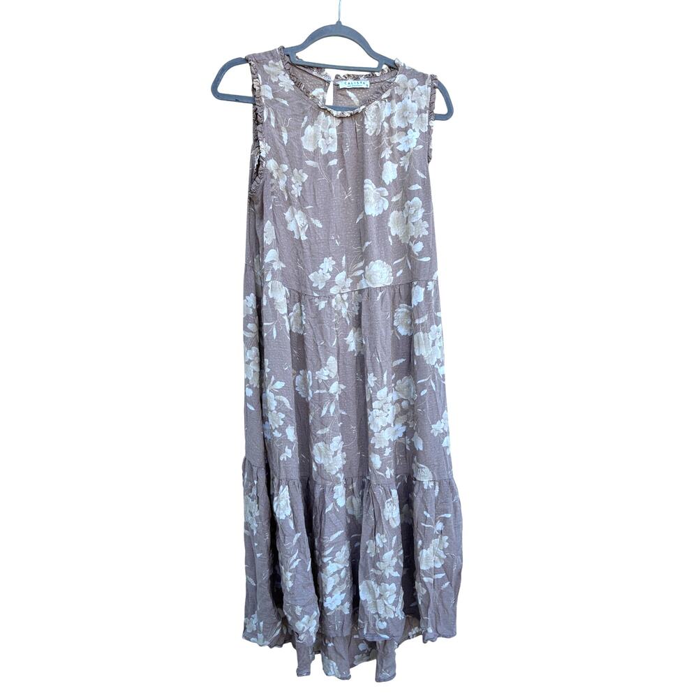 Calista Tiered Midi Dress, Lightweight, Light Brown, Floral, Textured, Sz‎ L